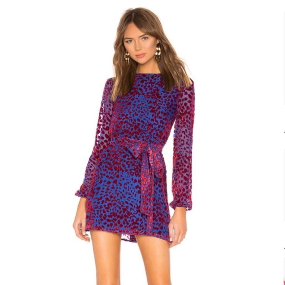 NWT House of Harlow 1960 x REVOLVE Shawna Dress, S Leopard Burnout Cobalt & Red
